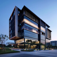 Obraz premium Futuristic High-Tech Office Building with Energy-Efficient Design and Modern Amenities