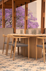 mesa de madera en la terraza