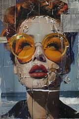 collage newspapers of a woman's portrait on the beach, old-fashioned