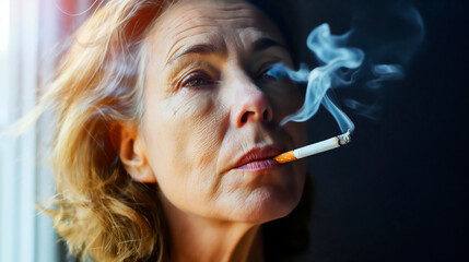 Obraz premium Contemplative mature woman with wrinkles smoking a cigarette, surrounded by dramatic smoke in closeup lighting