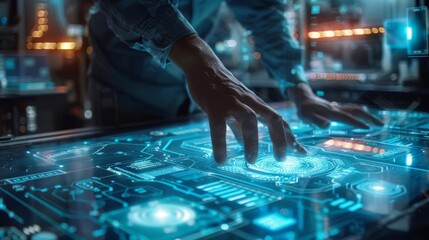 An architect using CAD software, close up, digital design theme, futuristic, manipulation, tech lab backdrop