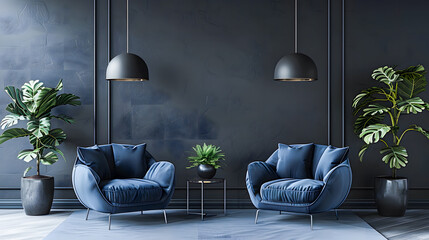 Dark room with accents. Blue navy armchairs. Trendy modern interior design mockup. Gray wall painted background empty for art. Premium lounge living or reception hall interior