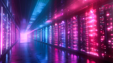 Fototapeta premium A server room with server racks in the dark, in the style of light indigo and black, glassy translucence