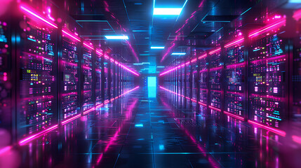 A server room with server racks in the dark, in the style of light indigo and black, glassy translucence