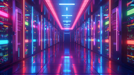Fototapeta premium A server room with server racks in the dark, in the style of light indigo and black, glassy translucence