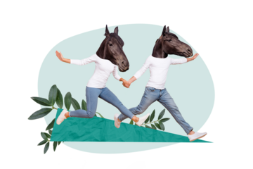 Creative surreal template collage of people with horse faces having fun on summer spring vacation running race