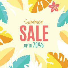 Summer Sale Advertisement with Tropical Leaves and Flowers. Square size.