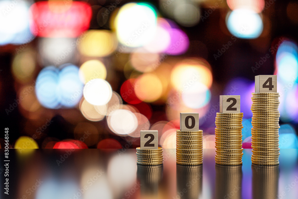 Aufkleber abstract growing stacked coins on blurry dark bokeh backdrop with mock up place. financial growth, 2