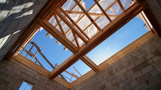 A wooden roof beam in a building being built, walls constructed from autoclaved aerated blocks, unfinished window gaps, a strengthened brick support, a temporary structure, clear sky in the distance.