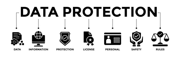 Data protection banner icons set. Vector graphic glyph style with icon of data, information, protection, license, personal, safety, and rules	