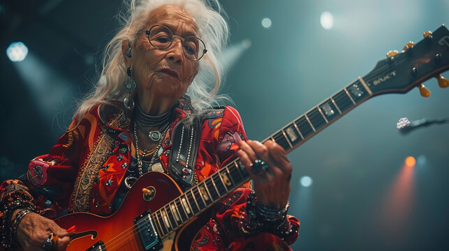 Punk Grandma - Grandma in colorful punk clothes, with piercings and tattoos, playing an electric guitar on a concert stage