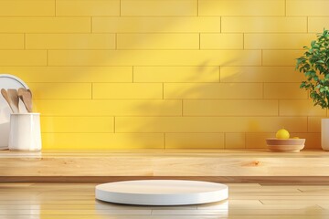 Yellow Brick Wall Room With White Round Object