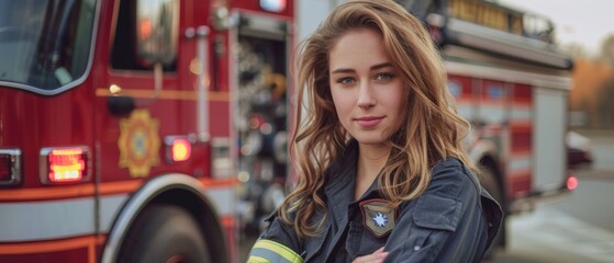 Fototapeta premium Confident female firefighter in uniform, fire truck background.