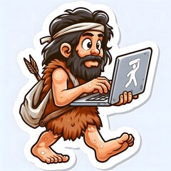 Obraz premium Neanderthal man holding laptop not working, good atmosphere