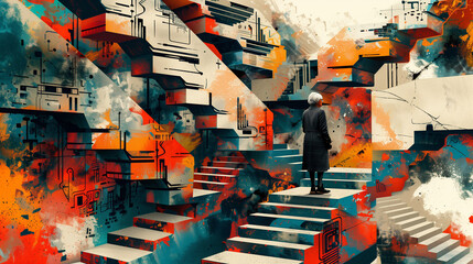 Grandma in Fantasy World - navigating impossible stairs and structures, in a maze with abstract elements