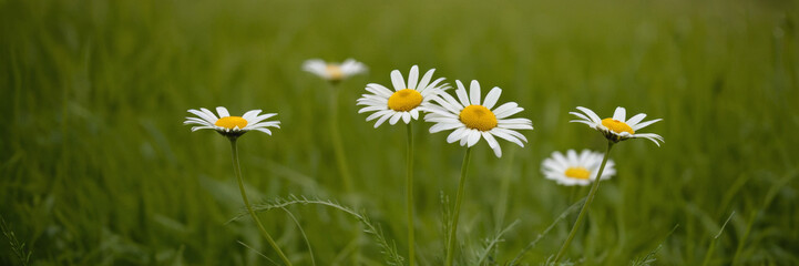 Obraz premium Studio shot of daisies in field from ground level view