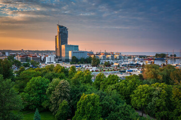 Fototapeta premium Aerial landscape of the harbor in Gdynia with modern architecture at sunset. Poland