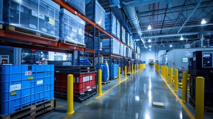 Warehouse storage area for dangerous goods, featuring automated safety systems, clear signage, and protective gear stations
