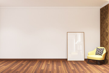 Fototapeta premium 3d render interior of white wall mock up with armchair, laser cuts panel and frame mock up. Minimal scandinavian style 3