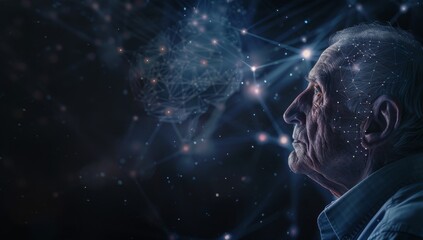 Elderly man with brain illuminated, showing signs of stroke, dementia, illness and confusion. brain dementia are checked for and analyzed in brain medicine and healthcare