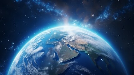Obraz premium A mesmerizing view of the Earth from space, showcasing the swirling clouds, the vast blue oceans, and the continents in all their glory.