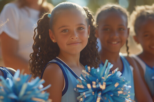 Girl with natural curly hair in cheerleading uniform with pompoms. Smiling child cheerleader with her team.