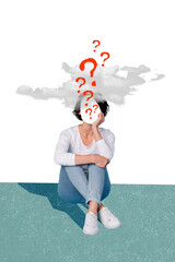 Vertical collage image of minded clueless girl question marks instead face clouds above head...