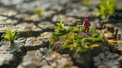 A tiny figure in protective gear holds a "Help!" flag on parched, cracked soil with small green sprouts, emphasizing the need for urgent environmental intervention.
