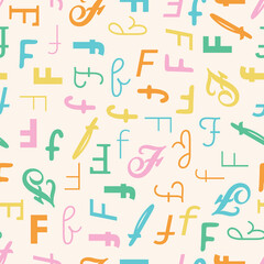 Letter F Alphabet seamless pattern playful decorative repeat backdrop background colorful decoration wrapping paper initial baby