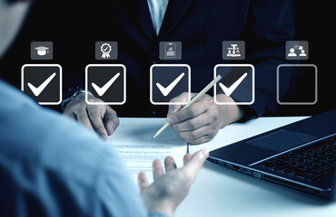 Qualification examination and assessment of job seeker skills and abilities. HR Manager job interview hiring to work in the company. concept of recruitment, job interview teamwork, education