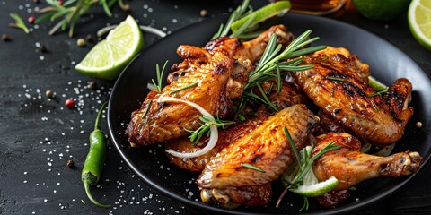 Succulent chicken wings seasoned with tangy lime, fragrant rosemary, and caramelized onions on a sleek black dish against a deep backdrop.