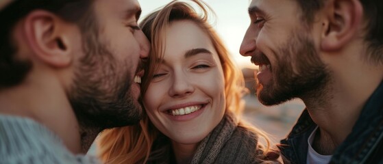 Obraz premium Smiling woman embracing two partners in a polyamorous triad.
