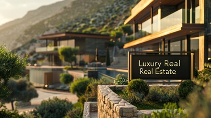 3D poster of a hillside mansion with "Luxury Real Estate" text. Open copy space with a beautiful mountain view in the background.