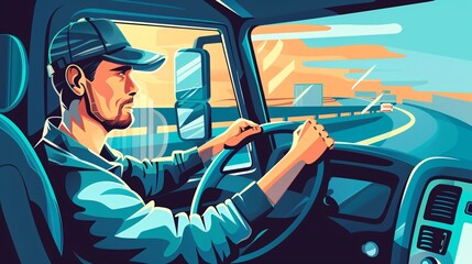 Attractive truck operator driving a commercial vehicle at a freight hub. Delivery provider on a tractor and semi-trailer. Logistics provider.