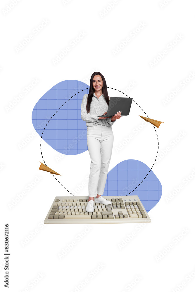 Poster vertical collage picture of positive mini girl stand big computer keyboard hold netbook flying paper