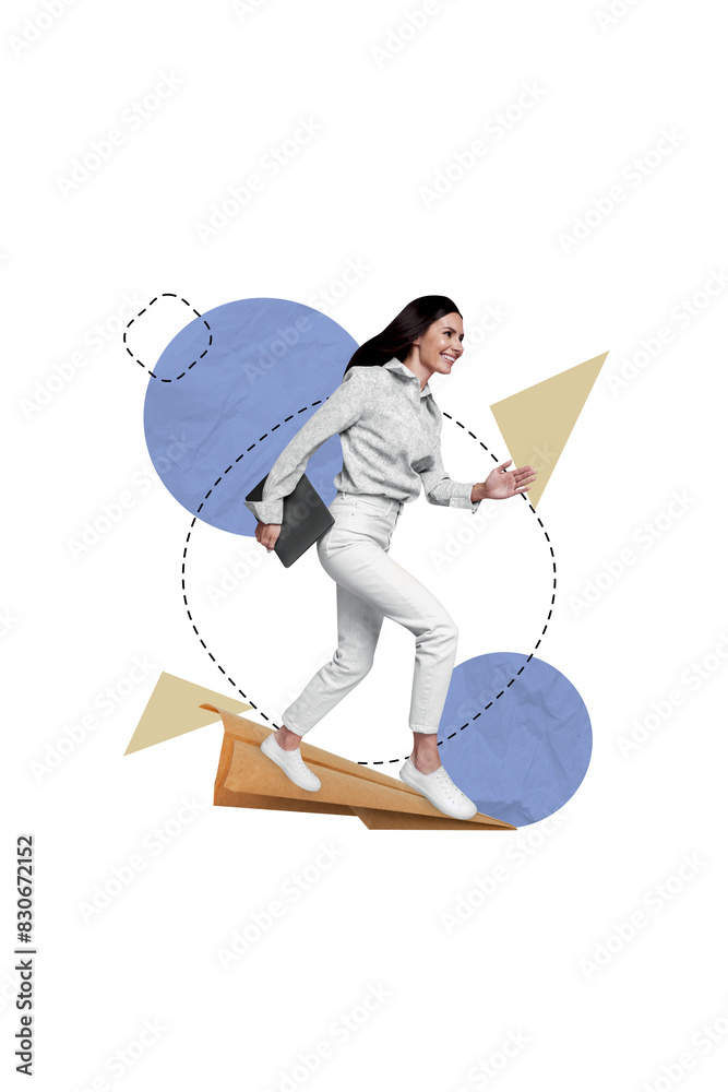Poster vertical collage image of cheerful mini girl hand hold netbook running big flying paper plane isolat