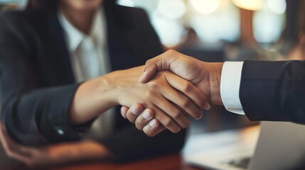 Successful business deal handshake, handshake after negotiation. Business partners celebrating agreement, closing a business contract.