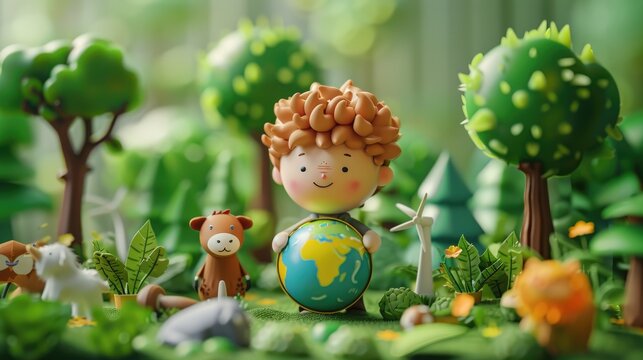 A 3D cartoon character holding a globe surrounded by trees, animals, and clean energy sources, representing a hopeful future against global warming