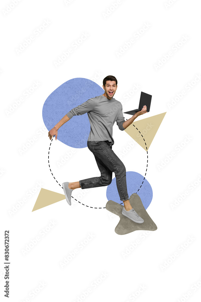 Poster Vertical collage image of excited positive guy use netbook run arrow pointer cursor isolated on creative painted background