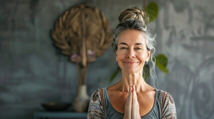 Serene mature woman meditating in yoga studio. Smiling woman enjoying the benefits of meditation and yoga.