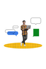 Creative picture vertical poster collage standing young worker freelancer man browsing laptop tying messages internet communication