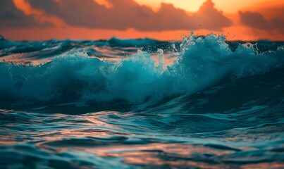 Ocean waves at sunset with orange and teal hues, Generative AI