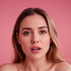 Obraz premium portrait of a young woman during an orgasm on a pink background