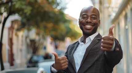 Confident Black businessman giving thumbs up outdoors, success concept. Young Black male professional celebrating success with thumbs up. - Powered by Adobe