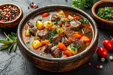 Gulaschsuppe - Goulash soup with chunks of beef and vegetables.