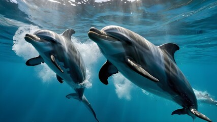 Witness a Playful Pod of Dolphins Frolicking in Crystal Clear Waters, Experience the Joy of Dolphins Dancing in Pristine,Clear Seas, Marvel at the Graceful Movements of Dolphins in Crystal Clear Ocean