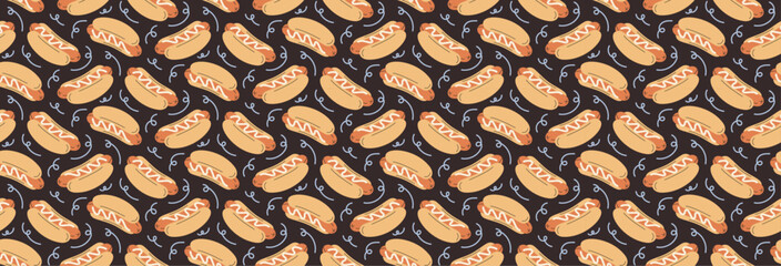 Retro aesthetic.90s background. Hot dog seamless pattern. Fast food repeating ornament