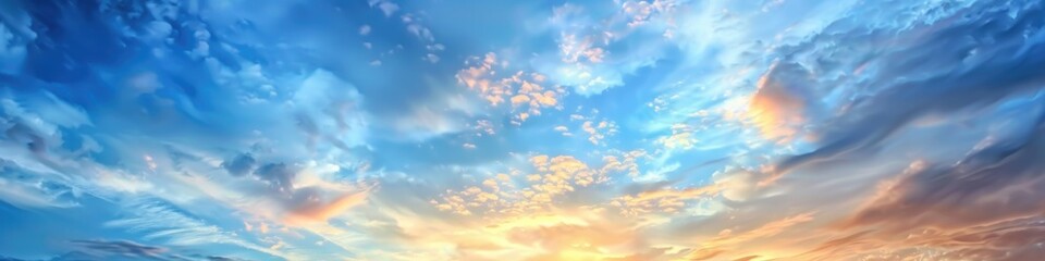 Obraz premium Evening Sky Panorama with Beautiful Blue, White, and Orange Clouds