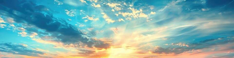 Obraz premium Evening Sky Panorama: Beautiful Blue, White, and Orange Clouds in Dramatic Dusk Background