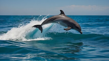 Fototapeta premium Witness a Playful Pod of Dolphins Frolicking in Crystal Clear Waters, Experience the Joy of Dolphins Dancing in Pristine,Clear Seas, Marvel at the Graceful Movements of Dolphins in Crystal Clear Ocean
